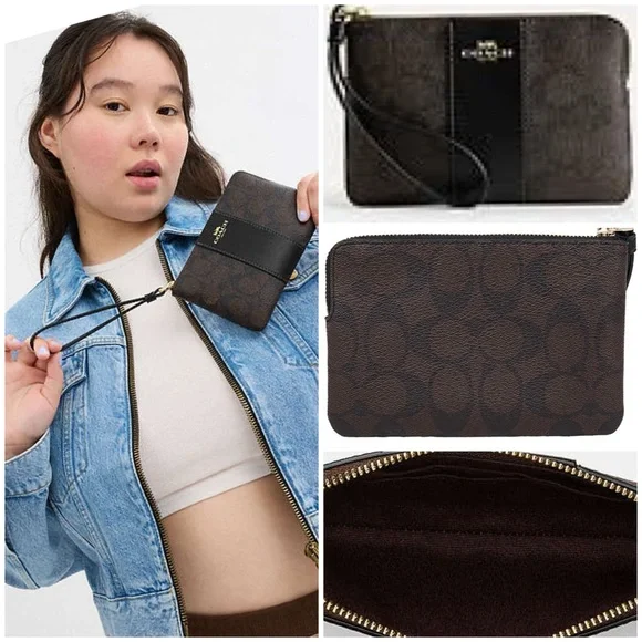 COACH Signature PVC Leather Corner Zip Wristlet w/Stripe in Walnut Brown & Black - Picture 3 of 15